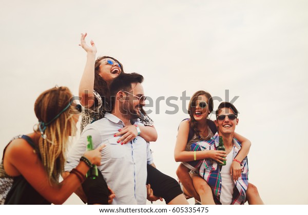 Group Friends Having Fun Outdoors Happy Stock Photo 605335475 ...