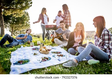 Group of friends having fun while eating and drinking at a pic-nic - Happy people at bbq party