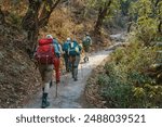 Group friends hiking with backpacks to along mountain path through beautiful forest during trek in the Himalayas, Nepal. 
Beautiful forest trekking and activity in outdoors.