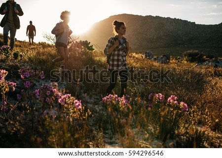 Group of friends are hiking in mountain on a sunny day. Four young people walking through countryside.