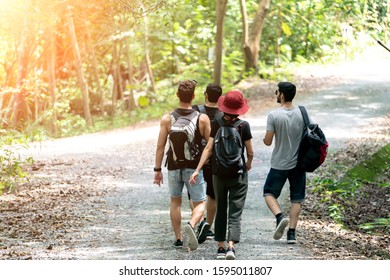 Group Of Friends hiking together through the forest. Travel Hiking and Adventure in forest. Multiracial young adults. - Shutterstock ID 1595011807