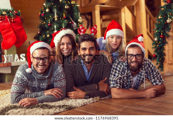 Group Friends Lying Next Fireplace Nicely Stock Photo Edit Now