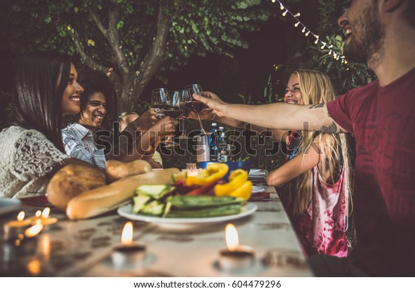 Group Friends Making Barbecue Backyard Dinner Stock Photo (Edit Now