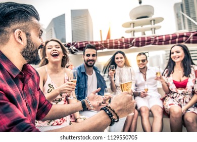 Group Of Friends Making Party On A Yacht In Dubai - Happy People Having A Fancy Party On A Luxury Boat