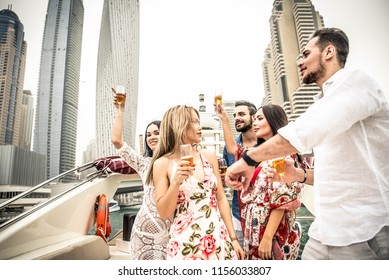 Group Of Friends Making Party On A Yacht In Dubai - Happy People Having A Fancy Party On A Luxury Boat