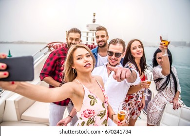 Group Of Friends Making Party On A Yacht In Dubai - Happy People Having A Fancy Party On A Luxury Boat