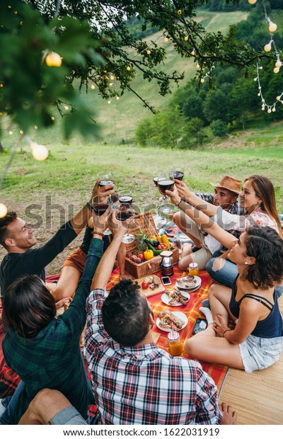 Group of friends making a toast during a barbecue\
in the countryside under a tree - Happy people having fun at a\
picnic on the hills in\
summer