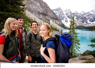 A Group Of Friends On A Hiking / Camping Trip In The Mountains