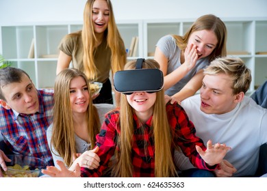Group of friends playing with VR
