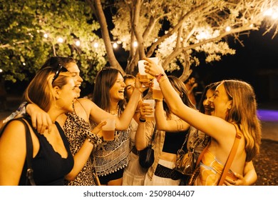 Group of friends raising their drinks in a celebratory toast during a nighttime outdoor gathering in a music festival. - Powered by Shutterstock