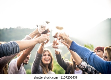 Group Of Friends At Restaurant Outdoors - People Having Dinner In A Home Garden