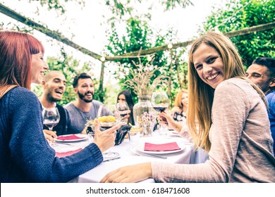 Group Of Friends At Restaurant Outdoors - People Having Dinner In A Home Garden