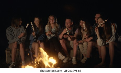 Group of Friends Roasting Marshmallows Over a Campfire at Night - Powered by Shutterstock