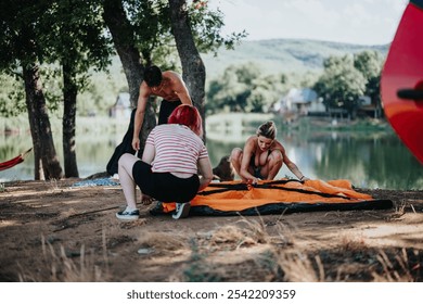 Group of friends setting up a tent by a serene lakeside in a forest, capturing moments of outdoor adventure and teamwork. - Powered by Shutterstock