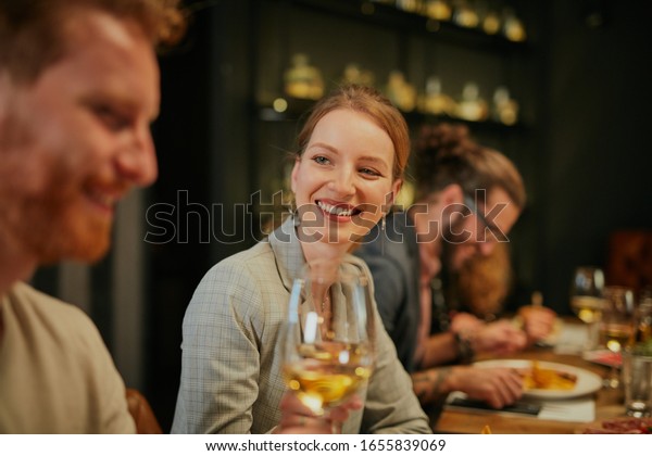 Group Friends Sitting Retaurant Eating Dinner Stock Photo (Edit Now ...