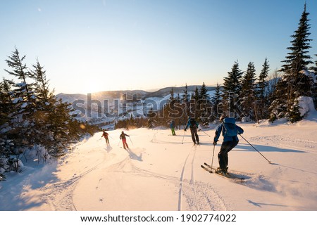 Group of friends skiing in the Chic Chocs in Quebec Canada