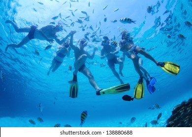 Group Of Friends Snorkeling And Feeding Fish In A Sea