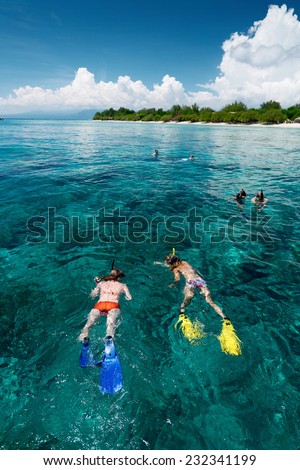 Group of friends snorkeling in the tropical calm sea