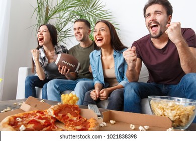 Group Of Friends Sport Fans Watching Rugby Match Victory