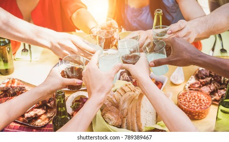 Group Of Friends Toasting With Appetizer At Barbecue Party Outdoor - Closeup Of People Cheering With Cocktails And Beers - Friendship, Summer Bbq, Fun And Dinner Concept - Focus On Bottom Hands