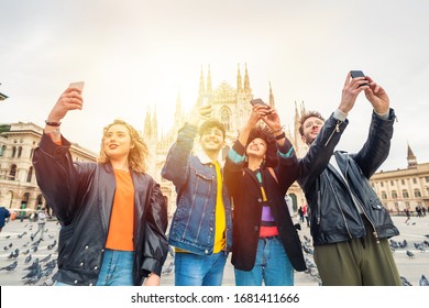 Group Of Friends Tourist Taking Photos Or Selfie In Front Of Milan Cathedral - Memories, Travel Destination, Technology Concept