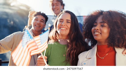 Group, friends and USA flag at outdoor party, happy and celebration for union in Florida. Men, women and gen z people with cheers, hug or smile for memory, diversity or patriots on Independence Day - Powered by Shutterstock