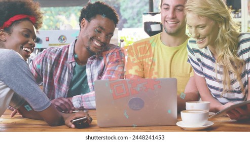 A group of friends are using a laptop in a cafe while enjoying cup of coffee. A qr code flashes in the background, representing data scanning and processing. This image symbolizes online security.  - Powered by Shutterstock