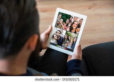 Group Of Friends In Video Call With Smartphone And Tablet From A Distance - Girlfriends With Red Wine, Couple Traveling, Kids In The City, Family With Small Child In The Garden - View Of The Device