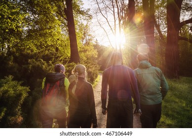 Group Of Friends Walking With Backpacks In Sunset From Back. Adventure, Travel, Tourism, Hike And People Friendship Concept