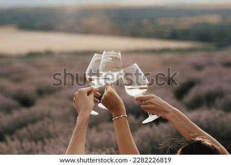 Group of friends with white wine in hands clinking with glasses. Close-up of hands and drinks. Beautiful scenic landscape.	
