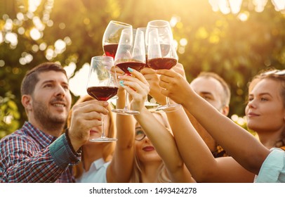 Group Of Friends In A Wine Tasting Tour At Vineyard  - Hands Toasting Red Wine Glasses With Sun Flare - Friendship And Travelling Concept