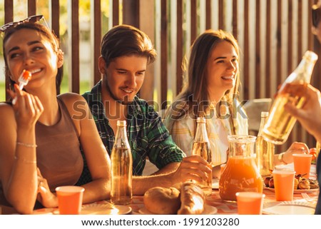 Similar – Image, Stock Photo Young happy couple looking smartphone outdoors in summer