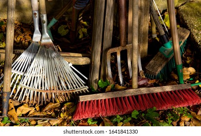 Group Of Gardening Tools Laying In Dry Autumn Leaves.Old Dirty Farm Metal Garden Tools As Shovels And Rakes,spade, Fork And Rake On Garden Tools Concept.