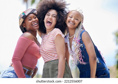 Group, Girl And Friends With Happy, Laughing And Smile On Face In Outdoor Sunshine. Black Woman, Happiness And Summer Together For Vacation, Holiday Or Relax In Comic Time On Holiday In Cape Town