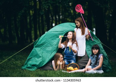 Group Girls Camping Forest Stock Photo 1134305963 