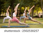 Group of girls in park practicing yoga outdoors. Active pastime together, performing exercises. Yoga lesson visitors perform ardha virabhadrasana. Girls practice sports during yoga workout in nature