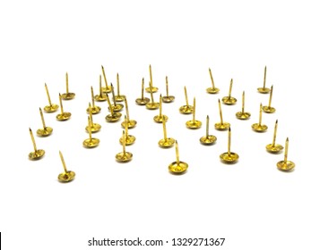 Group Of Gold Metal Thumb Tack On Isolated White Background