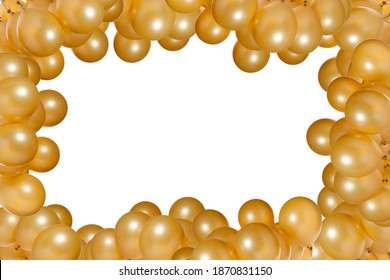 Group Of Golden Balloon Border Isolated On White Back Ground Empty Space