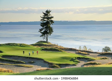a group of golfers on a beautiful course