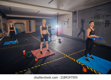 Group Of Good-looking Sportswomen Training Total Body Fitness Indoors