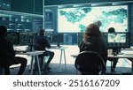 Group of governmental hackers using hacking tools to secure a network, focusing on cyber defense and data protection measures. Experts team examining important information on big screen. Camera B.