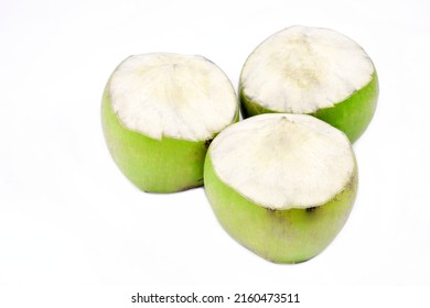 Group of green coconut fruit ready to drink isolated on white background