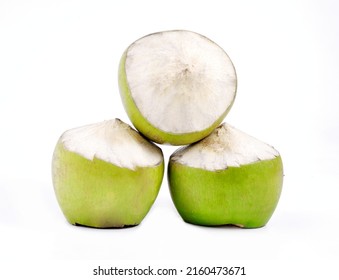 Group of green coconut fruit ready to drink isolated on white background