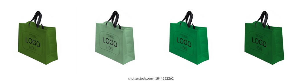 Group Of Green Color Shopping Bags. Shopping Bags Mock Up. Copy Space For Text And Logo. Your Logo Here