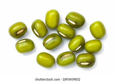 Group of green mung beans isolated on white background. Top view. Flat lay. Macro 