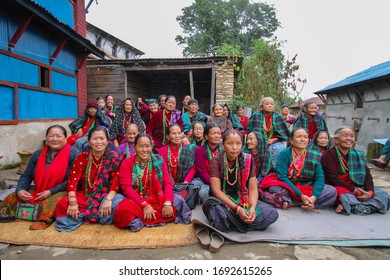 Group of Gurung Peoples Happy mood in the village meeting with culture dress at lamjung nepal, 9/28/2019
