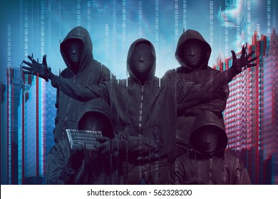 Group of hacker with anonymous mask against binary code in background