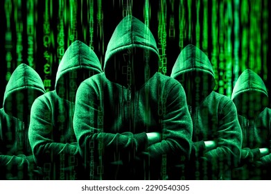 Group of hacker in hoodies. Group of hooded hackers in cybersecurity concept. Group of gloomy hackers in hoodies in server room. Malware, phishing and theft concept.