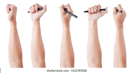 Group Of Hand Holding Pen. Writing Hand. Male Hand Hold Black Pen Write On The Wall Isolated On White Background