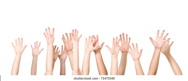 Group Of Hands In The Air Isolated On White Background